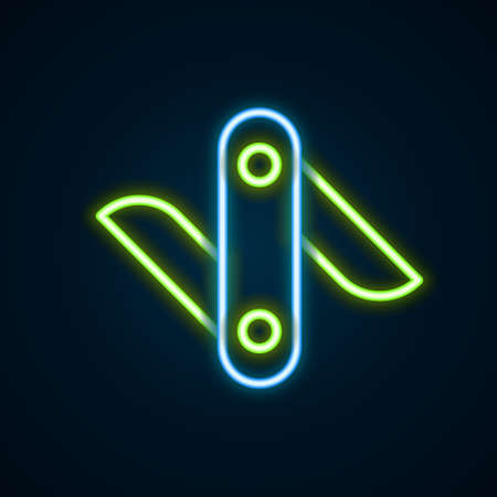 Glowing neon line Swiss army knife icon isolated on black background. Multi-tool, multipurpose penknife. Multifunctional tool. Colorful outline concept. Vectorのイラスト素材