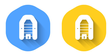 White Inflatable boat with outboard motor icon isolated with long shadow background. Circle button. Vectorのイラスト素材