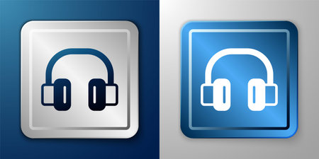 White Headphones icon isolated on blue and grey background. Earphones. Concept for listening to music, service, communication and operator. Silver and blue square button. Vectorのイラスト素材