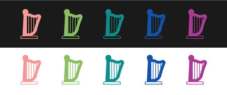 Set Harp icon isolated on black and white background. Classical music instrument, orhestra string acoustic element. Vectorのイラスト素材