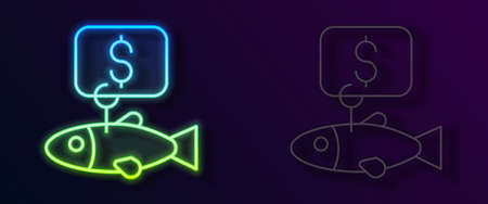 Glowing neon line Price tag for fish icon isolated on black background. Vectorのイラスト素材