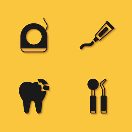 Set Dental floss, mirror and probe, Broken tooth and Tube of toothpaste icon with long shadow. Vectorのイラスト素材