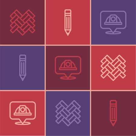 Set line Parquet, Worker safety helmet and Pencil with eraser icon. Vectorのイラスト素材