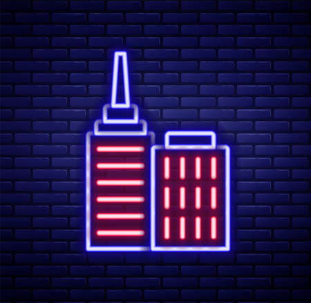 Glowing neon line City landscape icon isolated on brick wall background. Metropolis architecture panoramic landscape. Colorful outline concept. Vectorのイラスト素材
