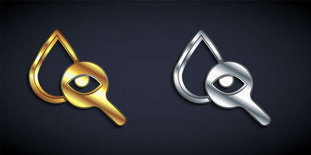 Gold and silver Drop and magnifying glass icon isolated on black background. Long shadow style. Vectorのイラスト素材
