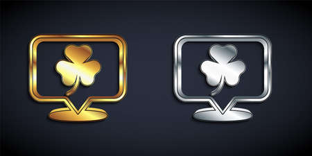 Gold and silver Clover trefoil leaf icon isolated on black background. Happy Saint Patricks day. National Irish holiday. Long shadow style. Vectorのイラスト素材