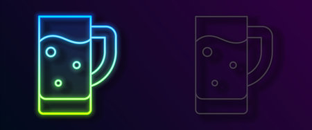 Glowing neon line Glass of beer icon isolated on black background. Vectorのイラスト素材