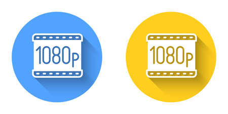 White Full HD 1080p icon isolated with long shadow background. Circle button. Vectorのイラスト素材
