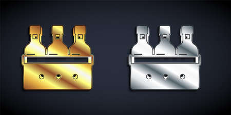 Gold and silver Bottles of wine in a wooden box icon isolated on black background. Wine bottles in a wooden crate icon. Long shadow style. Vectorのイラスト素材