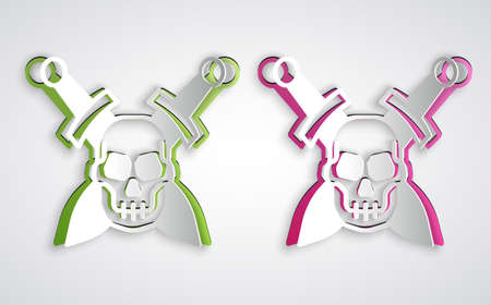 Paper cut Crossed medieval sword with skull icon isolated on grey background. Medieval weapon. Paper art style. Vectorのイラスト素材