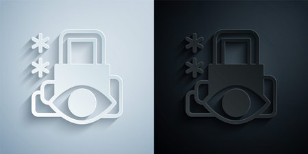 Paper cut Cyber security icon isolated on grey and black background. Closed padlock on digital circuit board. Safety concept. Digital data protection. Paper art style. Vectorのイラスト素材