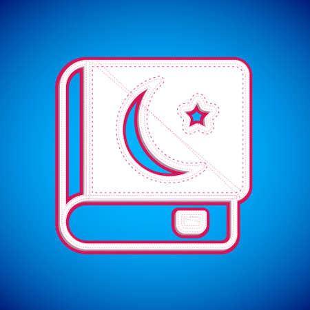 White Holy book of Koran icon isolated on blue background. Muslim holiday, Eid Mubarak, Eid al-fitr, Ramadan Kareem. Vectorのイラスト素材