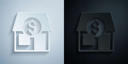 Paper cut Shopping building or market store icon isolated on grey and black background. Shop construction. Paper art style. Vectorのイラスト素材