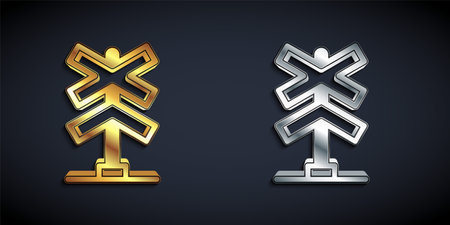 Gold and silver Railroad crossing icon isolated on black background. Railway sign. Long shadow style. Vectorのイラスト素材