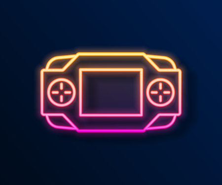 Glowing neon line Portable video game console icon isolated on black background. Handheld console gaming. Vectorのイラスト素材