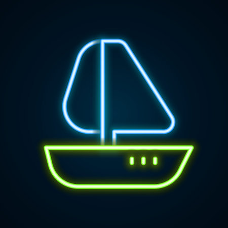 Glowing neon line Yacht sailboat or sailing ship icon isolated on black background. Sail boat marine cruise travel. Colorful outline concept. Vectorのイラスト素材