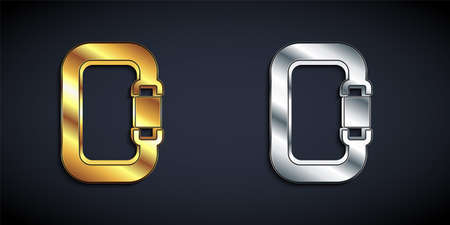 Gold and silver Carabiner icon isolated on black background. Extreme sport. Sport equipment. Long...