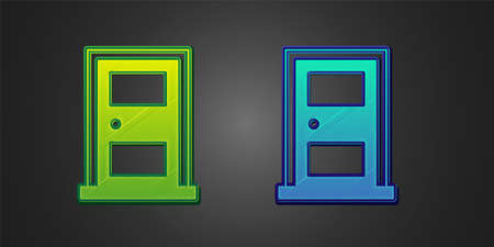 Green and blue Closed door icon isolated on black background. Vectorのイラスト素材