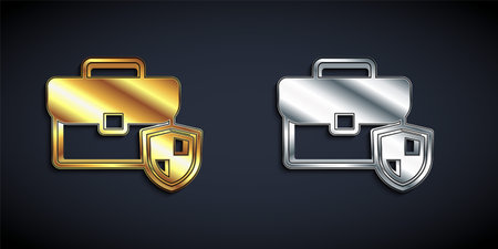 Gold and silver Briefcase with shield icon isolated on black background. Insurance concept. Security, safety, protection, protect concept. Long shadow style. Vectorのイラスト素材