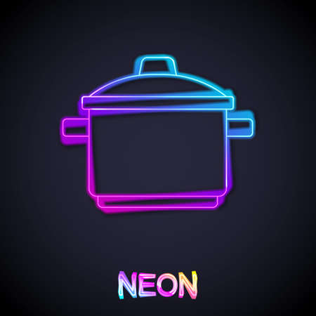 Glowing neon line Cooking pot icon isolated on black background. Boil or stew food symbol. Vectorのイラスト素材