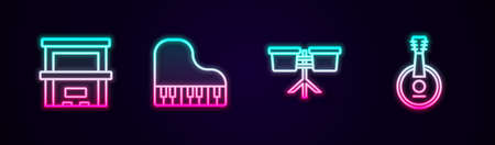 Set line Piano, Grand piano, Bongo drum and Banjo. Glowing neon icon. Vectorのイラスト素材