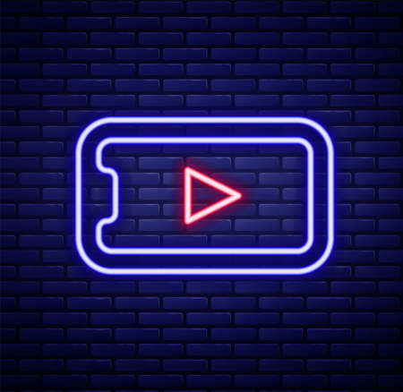 Glowing neon line Online play video icon isolated on brick wall background. Smartphone and film strip with play sign. Colorful outline concept. Vectorのイラスト素材