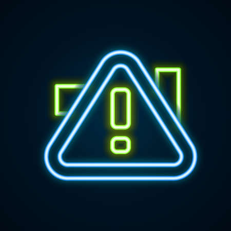 Glowing neon line Exclamation mark in triangle icon isolated on black background. Hazard warning sign, careful, attention, danger warning important. Colorful outline concept. Vectorのイラスト素材