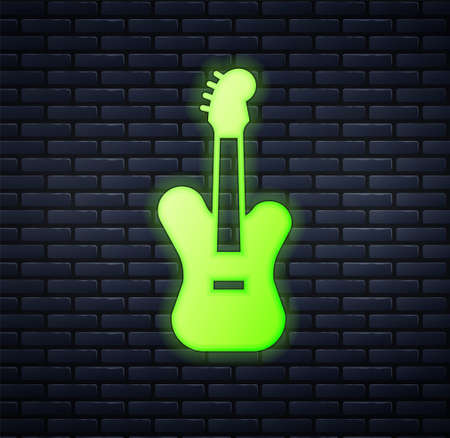 Glowing neon Electric bass guitar icon isolated on brick wall background. Vectorのイラスト素材