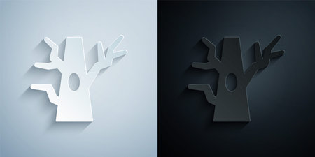 Paper cut Bare tree icon isolated on grey and black background. Paper art style. Vectorのイラスト素材