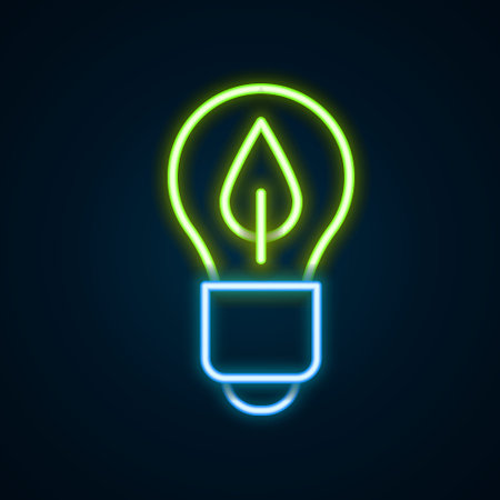 Glowing neon line Light bulb with leaf icon isolated on black background. Eco energy concept. Alternative energy concept. Colorful outline concept. Vectorのイラスト素材