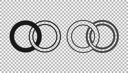 Black Wedding rings icon isolated on transparent background. Bride and groom jewelry sign. Marriage symbol. Diamond ring. Vectorのイラスト素材
