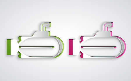 Paper cut Submarine icon isolated on grey background. Military ship. Paper art style. Vectorのイラスト素材