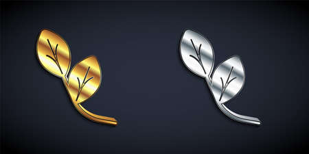 Gold and silver Leaf icon isolated on black background. Leaves sign. Fresh natural product symbol. Long shadow style. Vectorのイラスト素材