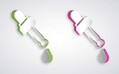 Paper cut Pipette with oil icon isolated on grey background. Organic aromatherapy essence. Skin care serum glass drop package. Paper art style. Vectorのイラスト素材