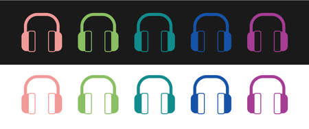 Set Noise canceling headphones icon isolated on black and white background. Headphones for ear...