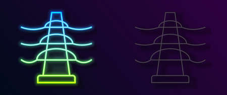 Glowing neon line Electric tower used to support an overhead power line icon isolated on black background. High voltage power pole line. Vectorのイラスト素材