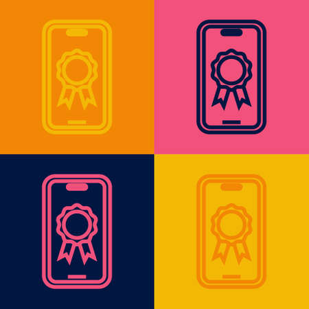 Pop art line Online education with diploma icon isolated on color background. Diploma online at home. Webinar and video seminar learning. Vectorのイラスト素材