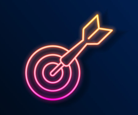 Glowing neon line Classic dart board and arrow icon isolated on black background. Dartboard sign. Game concept. Vectorのイラスト素材