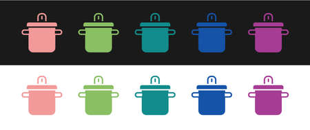Set Cooking pot icon isolated on black and white background. Boil or stew food symbol. Vectorのイラスト素材