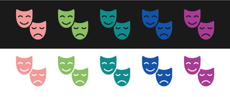 Set Comedy and tragedy theatrical masks icon isolated on black and white background. Vectorのイラスト素材