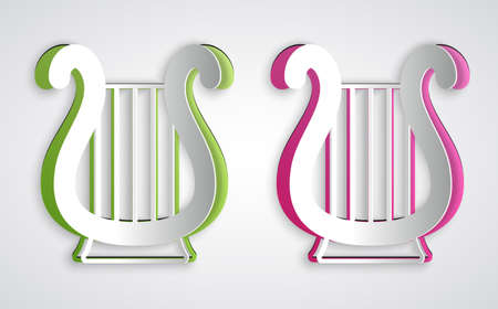 Paper cut Ancient Greek lyre icon isolated on grey background. Classical music instrument, orhestra string acoustic element. Paper art style. Vectorのイラスト素材