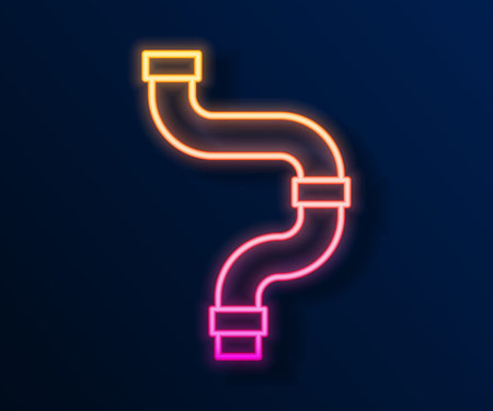 Glowing neon line Industry metallic pipe icon isolated on black background. Plumbing pipeline parts of different shapes. Vectorのイラスト素材