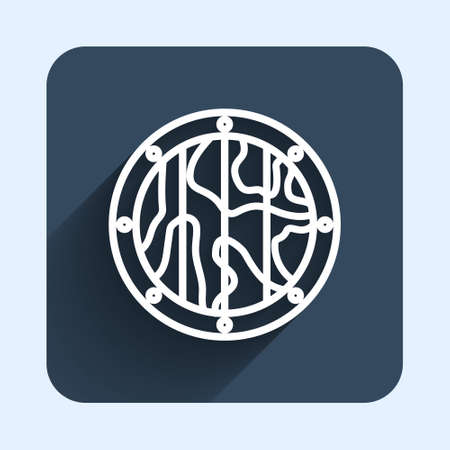 White line Round wooden shield icon isolated with long shadow background. Security, safety, protection, privacy, guard concept. Blue square button. Vectorのイラスト素材