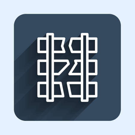 White line Broken or cracked rails on a railway icon isolated with long shadow background. Blue square button. Vectorのイラスト素材