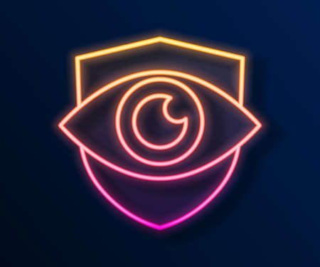 Glowing neon line Shield and eye icon isolated on black background. Security, safety, protection, privacy concept. Vectorのイラスト素材