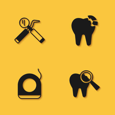 Set Dental mirror and probe, Broken tooth, floss and icon with long shadow. Vectorのイラスト素材