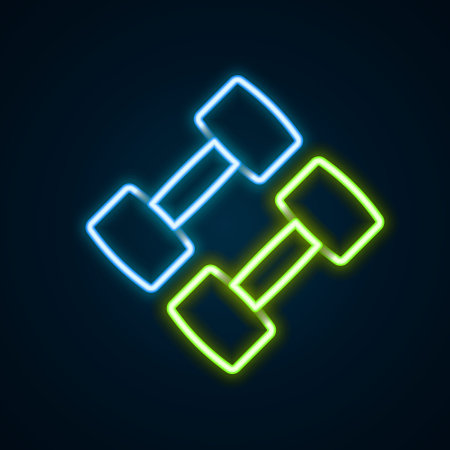 Glowing neon line Dumbbell icon isolated on black background. Muscle lifting, fitness barbell, sports equipment. Colorful outline concept. Vectorのイラスト素材