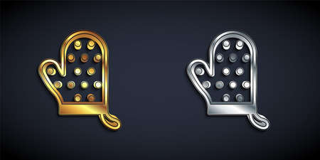 Gold and silver Oven glove icon isolated on black background. Kitchen potholder sign. Cooking glove. Long shadow style. Vectorのイラスト素材