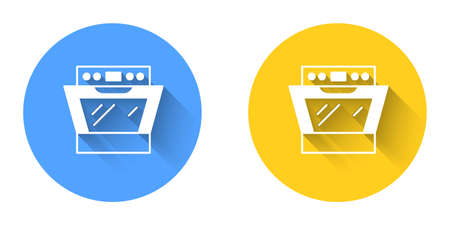 White Oven icon isolated with long shadow background. Stove gas oven sign. Circle button. Vectorのイラスト素材