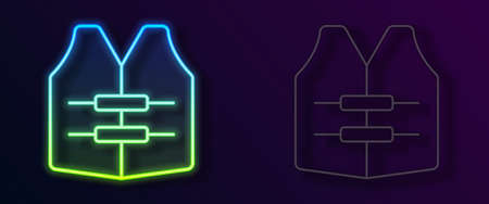Glowing neon line Life jacket icon isolated on black background. Life vest icon. Extreme sport. Sport equipment. Vectorのイラスト素材